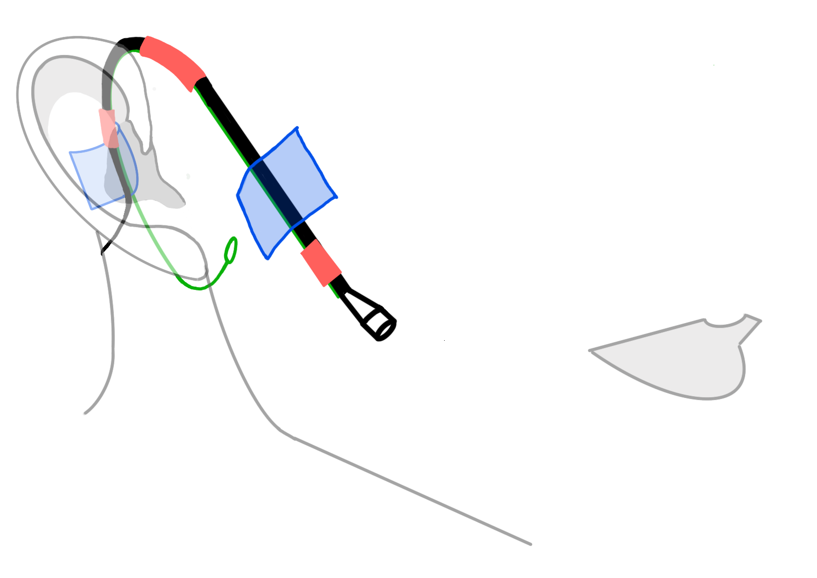 digital drawing of human jawline, lips, and ear wearing a color coded microphone ear rig